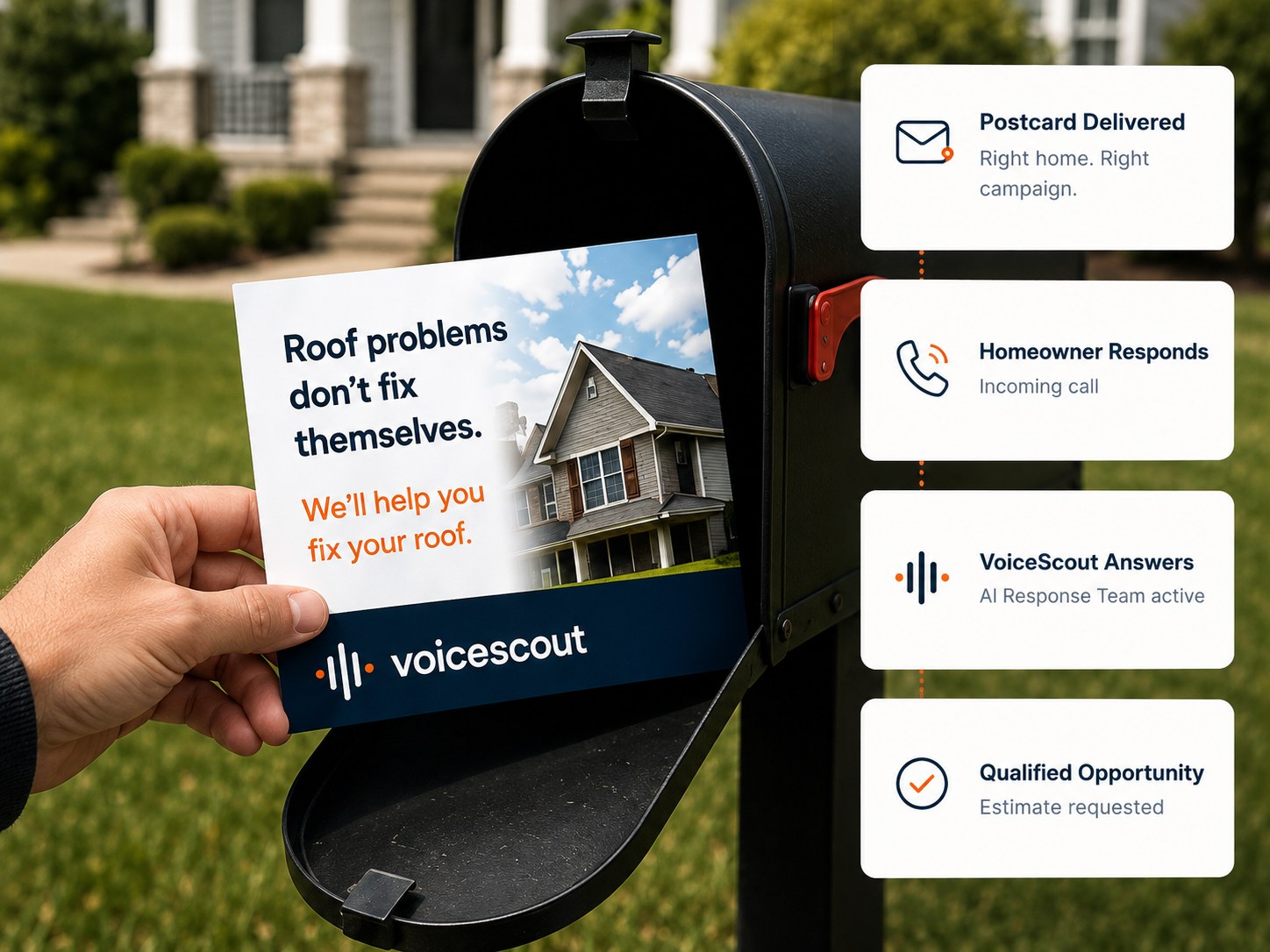 A postcard pulled from a mailbox, with four steps beside it: Postcard Delivered, right home, right campaign; Homeowner Responds, incoming call; VoiceScout Answers, AI response team active; Qualified Opportunity, estimate requested.